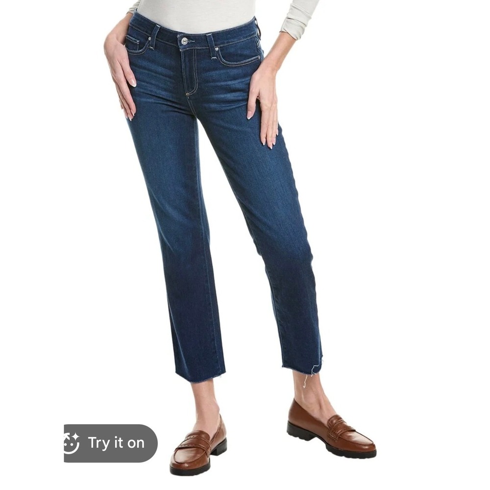 Paige Straight Ankle Jeans Dark Indigo Raw Hem High Rise Womens 28